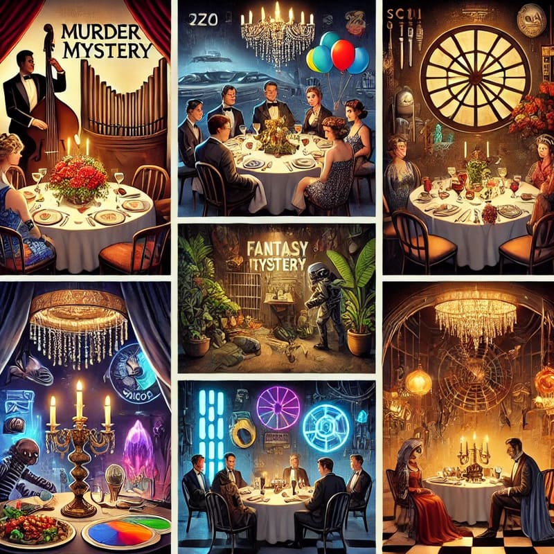 DALL·E 2024 10 22 12.47.56 A dinner party scene themed as a murder mystery with various popular themes represented a 1920s setting with jazz and vintage decor, a fantasy sectio