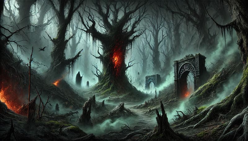 A dark, eerie forest filled with twisted, gnarled trees covered in black moss