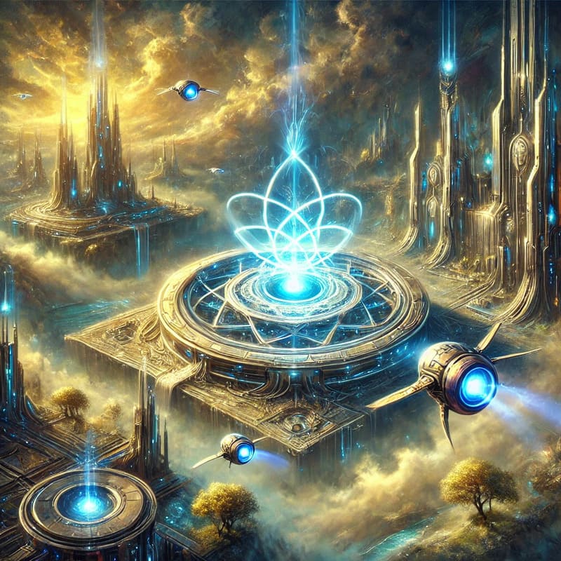 The Artificers in a mystical fantasy world. The scene features a sleek Interruttore Quantico device glowing with energy, surr