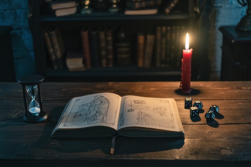 Libro aperto con candela rossa e dadi da gioco