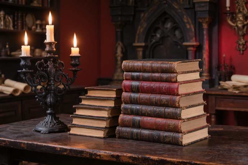 Pila di manuali antichi con candelabro gotico